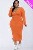 Plus Size Split Neck Long Sleeve Midi Dress-41592