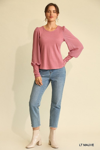 Solid Knit And Chiffon Mixed Top With Puff Long Sleeve-41227