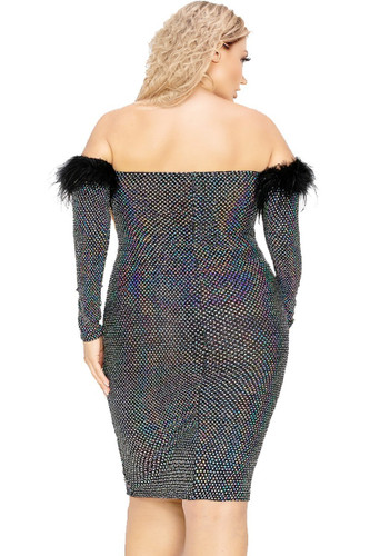 Plus Off Shoulder Feather Trim Detail Sequin Dress-41213