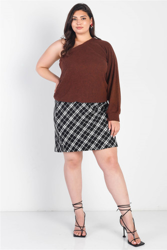Plus Brown Ribbed Textured One Shoulder Top-41139