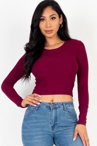 Long Sleeve Round Neck Basic Crop Top-42206