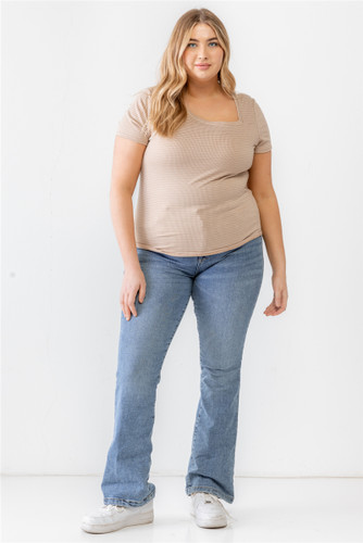 Plus Taupe Waffle Knit Angled Neck Short Sleeve Top-42266