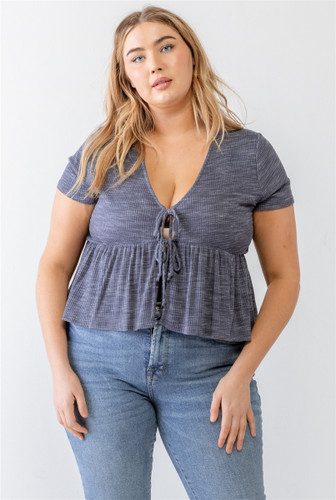 Plus Denim Blue Ribbed U-shape Neck Flare Hem Tie Top-42275