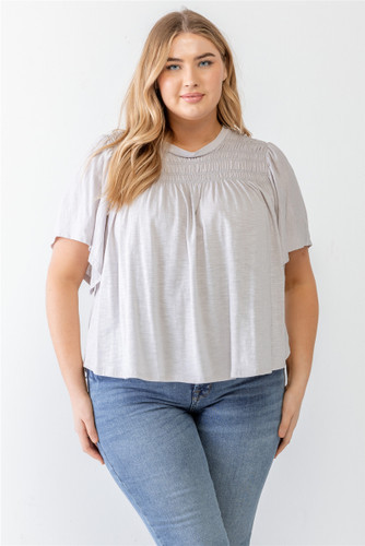 Plus Grey Cotton Blend Smoked Short Sleeve Top-42276