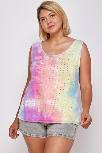 Tie Dye Tank With Studded Detail, Loose Fit, Easy Casual Wear-42384