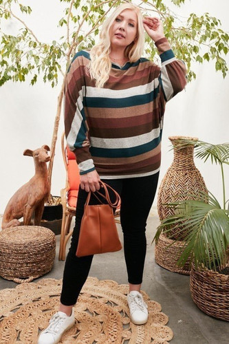 Boat Neck Long Bubble Sleeve Multi Stripe Print Knit Top-42512