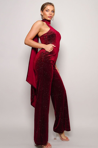 Scarf Top Glitter Velvet Jumpsuit-42694