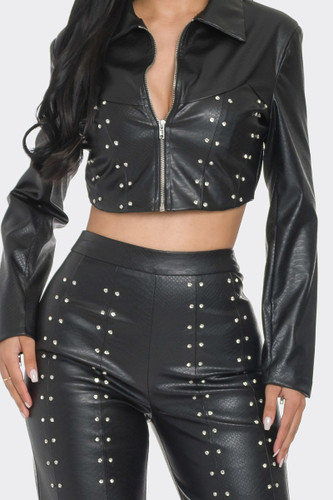 Faux Leather Set With Rhinestone Detail-42718