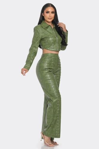 Faux Leather Set With Rhinestone Detail-42719