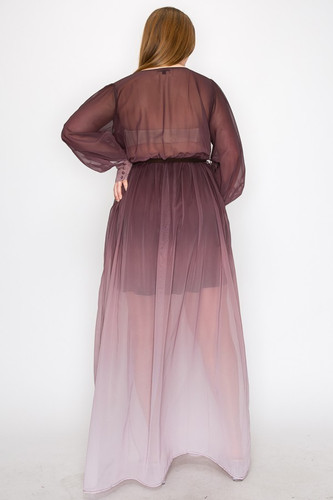 Ombre Chiffon Wrap Front Long Sleeve Tie Waist Slit Front Maxi Dress-42821