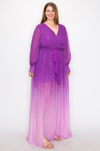Ombre Chiffon Wrap Front Long Sleeve Tie Waist Slit Front Maxi Dress-42822