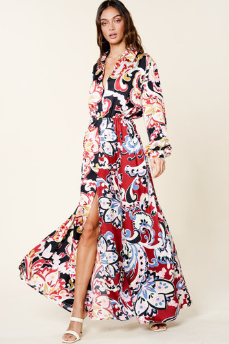 Color Block Printed V Neck Dress-42875