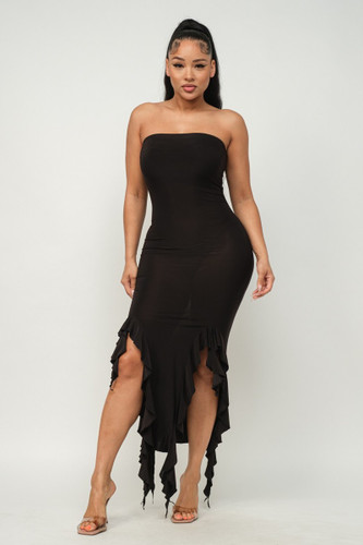 Solid Bottom Ruffle Trim Hem Slit Tube Maxi Dress-42959