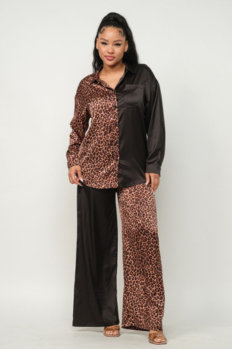 Half Animal Print And Half Solid Top And Pants Set-42968