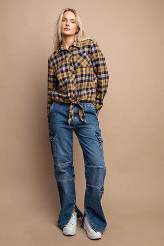 Tie Front Button Down Plaid Shirt With Front Pocket-43085