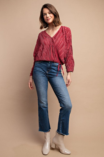 Satin Pleated Drawstring Top With Snap Button-43090