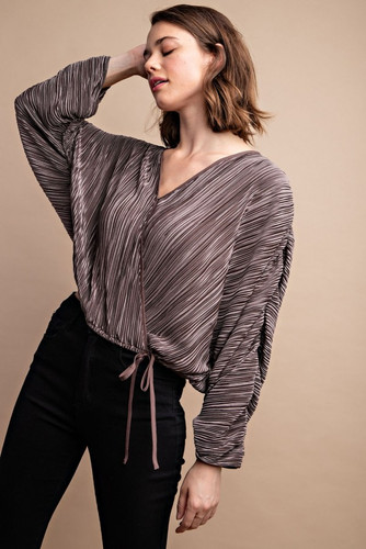 Satin Pleated Drawstring Top With Snap Button-43091