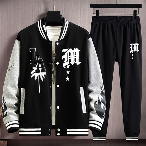 YiXin Men's Sets Printed Patchwork Jacket Black Pants and Plus Size Uniform Sets