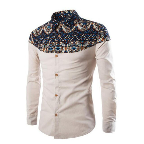 Men's Shirts African Print Style Stand Collar Button Navy Long Sleeve Cotton