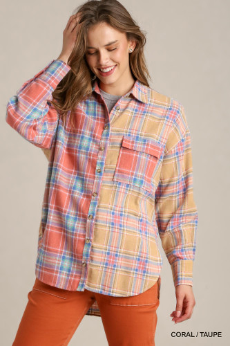 Mixed Plaid Boxy Cut Button Down Flannel With Front Pocket-43180