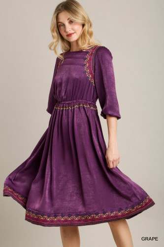 Satin Round Neck Embroidery Midi Dress-43181