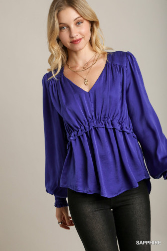 Satin V-neck Ruffle Baby Doll Top With Cuffed Long Sleeve-43185
