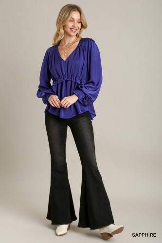 Satin V-neck Ruffle Baby Doll Top With Cuffed Long Sleeve-43185