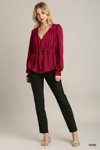 Satin V-neck Ruffle Baby Doll Top With Cuffed Long Sleeve-43186