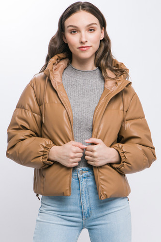 Pu Faux Leather Zipper Hooded Puffer Jacket-43217