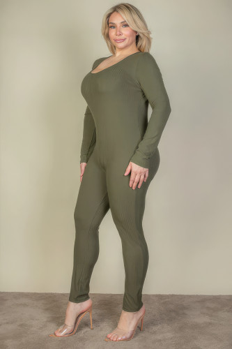 Plus Size Ribbed Scoop Neck Long Sleeve Jumpsuit-43309
