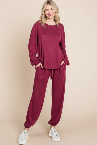 Two Tone Solid Warm And Soft Hacci Brush Loungewear Set-43329