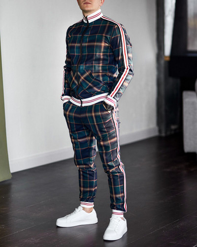 Men's Suit Casual Home Men's Large Size Printed Plaid Sportswear Two-piece Suit