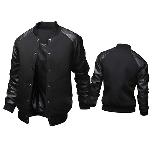 Men's Bomber Jacket With Large Pockets and Leather Sleeves Men's Baseball Jacket