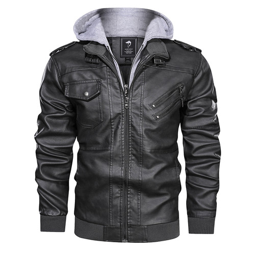 Motorcycle Oversized Men's Jacket Slim Pu Leather Warm Hooded Leather Jacket