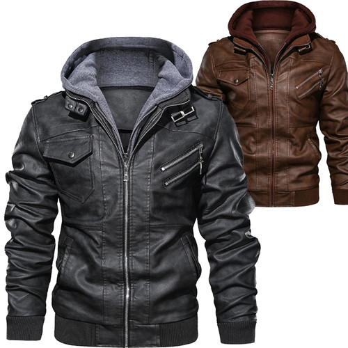 Motorcycle Oversized Men's Jacket Slim Pu Leather Warm Hooded Leather Jacket