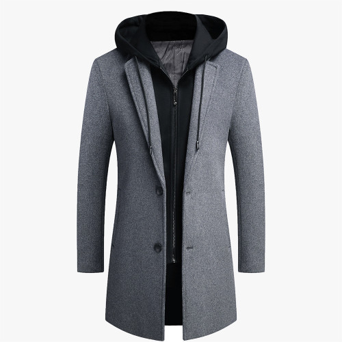 Men's Long Windproof Wool Coat Casual Thick Hooded Warm Soft Plus Size Jackets