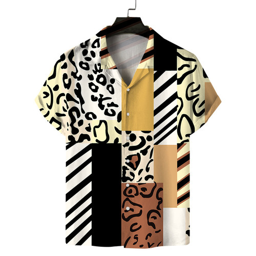 Leopard Print Short Sleeve Shirt for Men's Casual Button Cuban Collar Beach