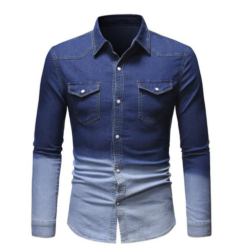 Men's Long Sleeve Denim Shirts Style Gradient Slim Denim Shirt Streetwear Top
