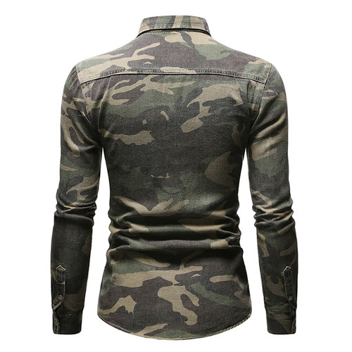 Men's Camouflage Long Sleeve Denim Shirt Casual Lapel Single Breasted Fashion