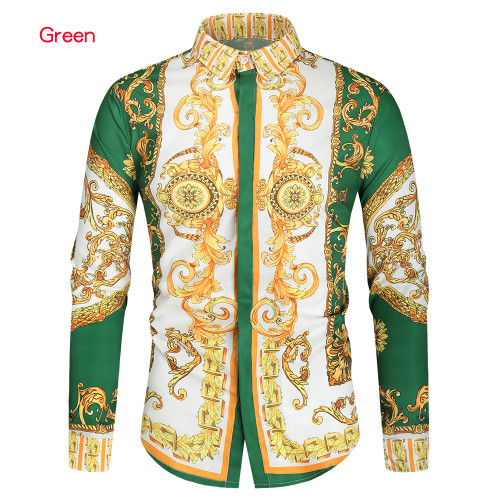 Men's Fall Fashion Long Sleeve Shirts Casual Printed Slim Lapel Vintage Shirt