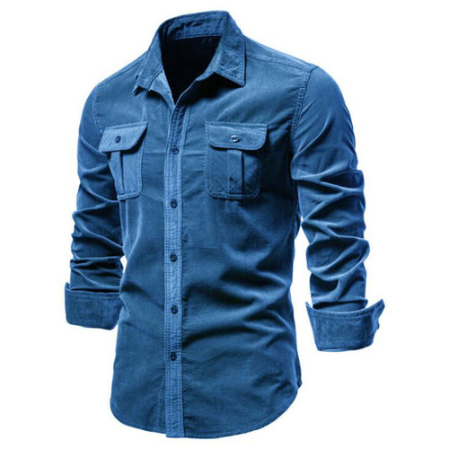 Men's Casual Corduroy Cotton Lapel Solid Color Slim Fit Mens Shirt Custom Logo