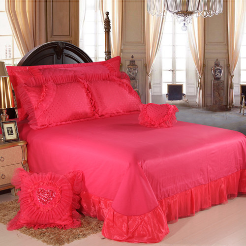 American Style Cotton Rose Print Lace Embroid Rose Red Wedding Bed Cover
