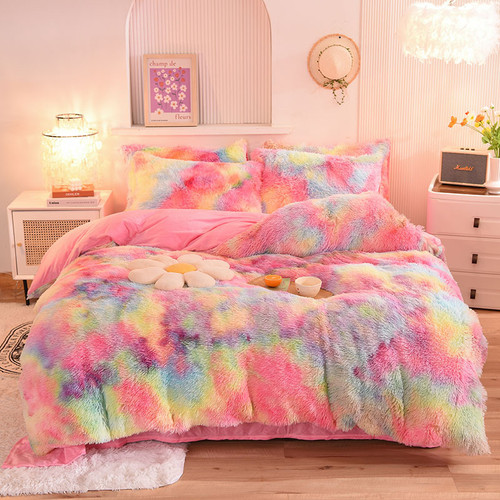 Luxury Bedspread King Size Tie Dye Plush Shaggy Ultra Soft Fluffy Bedding Set