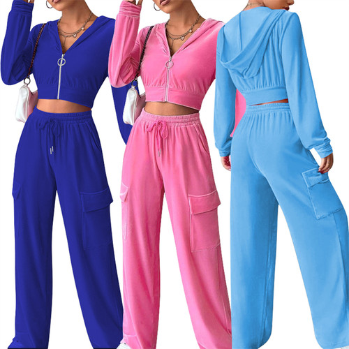Velvet Sweatsuit Women Set Crop Hoodie and Pocket Jogger Pants 2-Piece Set