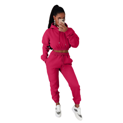 Women's Custom Plain Blank Fleece Solid Color Hoodie Sweat Suit Set Tracksuit