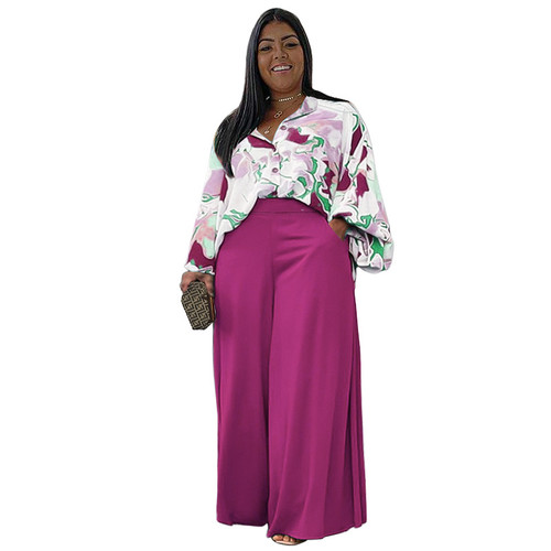 New 2-Piece Women's Loose Plus Size Casual Printed Shirt Wide Leg Trouser Suit
