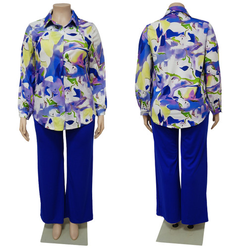 New 2-Piece Women's Loose Plus Size Casual Printed Shirt Wide Leg Trouser Suit
