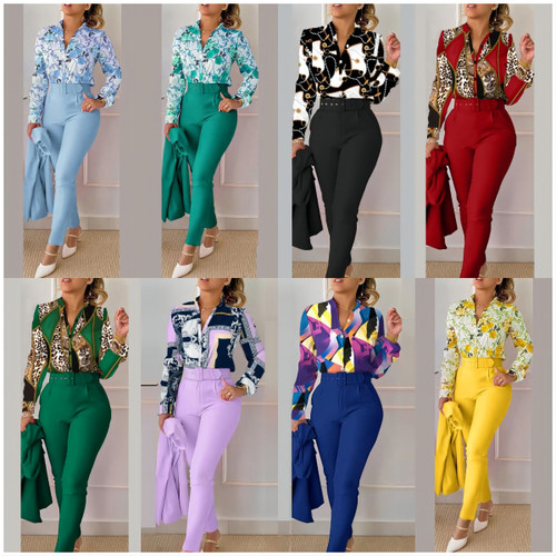 Women's Casual Temperament Commuter Long Sleeve Print Shirt Pants 2-Piece Sets