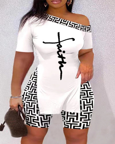 Women's 2 Piece Casual Slanted Collar Strapless Print Short Sleeved Top Sets