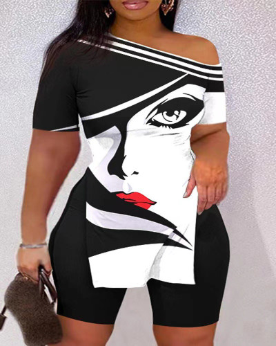 Women's 2 Piece Casual Slanted Collar Strapless Print Short Sleeved Top Sets